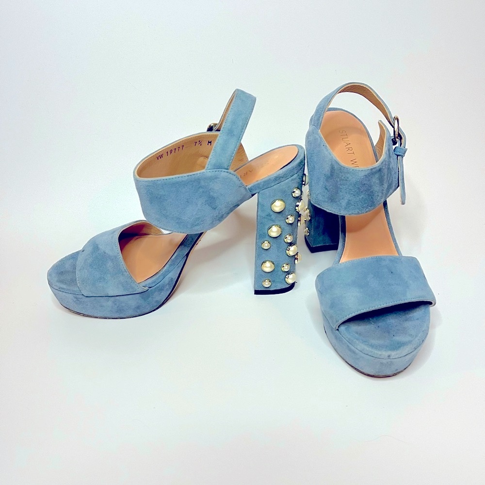 STUART WEITZMAN light blue suede pearled heel platform sandal